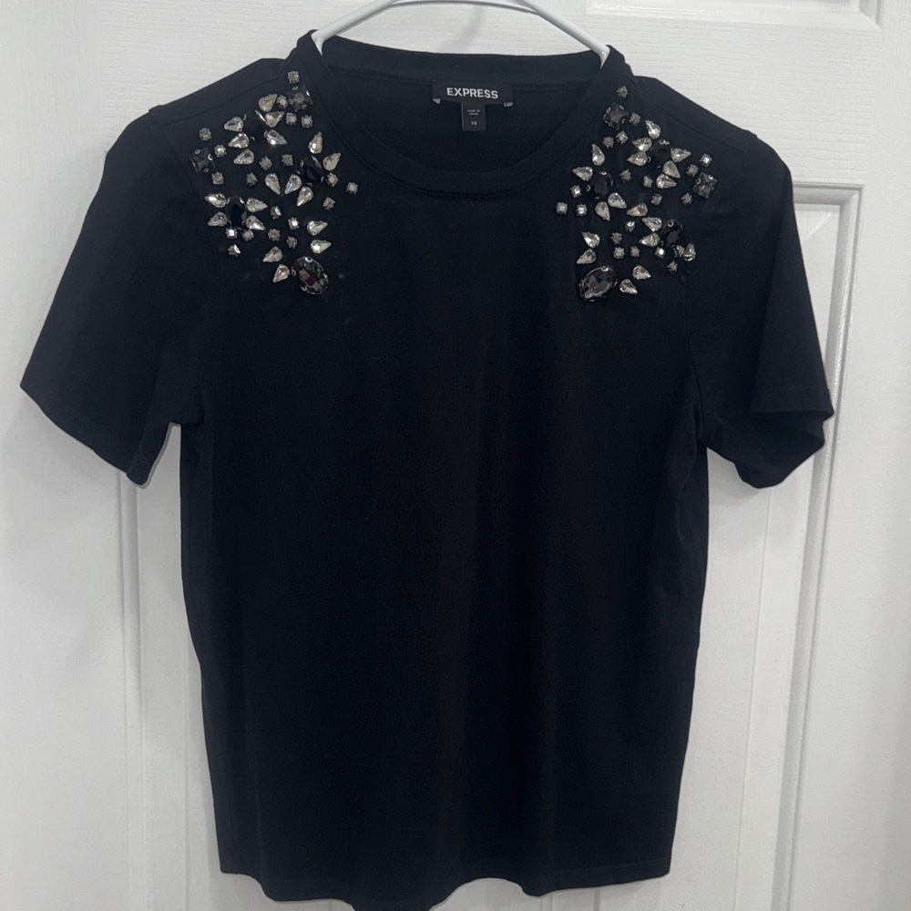 Express Black Short-Sleeve Tee with Jewel Shoulder Accents